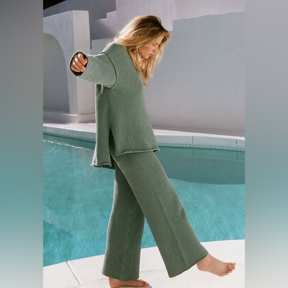 Free People Wide Leg Knit Pants and Tunic Set in Sage Green